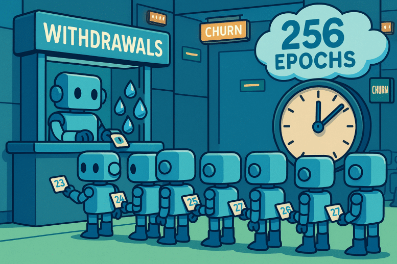 Une file d’attente de petits validateurs-robots tient chacun un ticket numéroté ; un guichet “withdrawals” libère des gouttes d’ETH à cadence régulière (16 par “tic” d’une grande horloge).