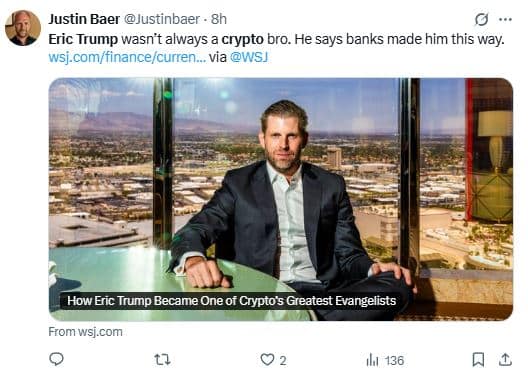 Eric Trump dévoile le virage pro-crypto 