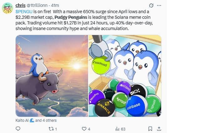Le retour des memecoins s’accélère avec Pudgy Penguins en pleine ascension
