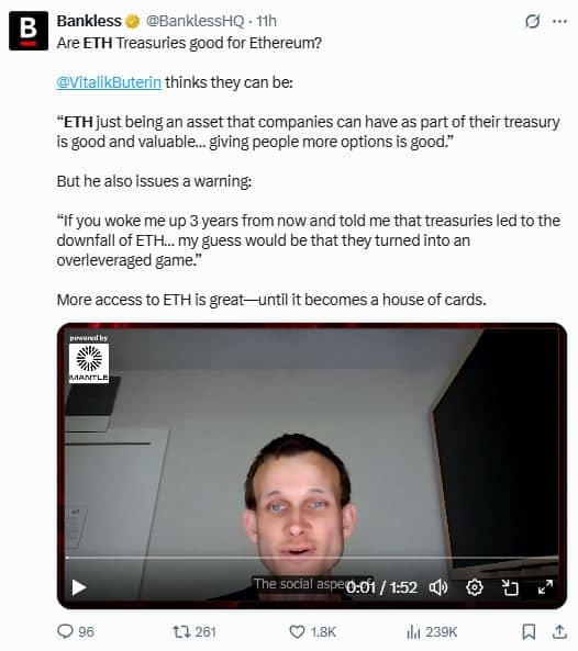 Vitalik soutient l’ETH en trésorerie, mais alerte sur un risque majeur