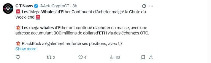 Accumulation massive d’ETH par les whales… et si le prochain rallye se préparait 