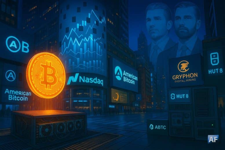 Times Square à l’heure bleue : tour Nasdaq affichant ABTC et des courbes ; Bitcoin holographique flottant au-dessus d’un rig de minage ; logos American Bitcoin, Gryphon et Hut 8 ; portraits estompés d’Eric et Donald Trump Jr.