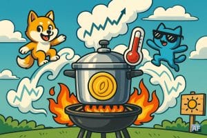 Une cocotte-minute « Altcoins » sur un barbecue, un thermomètre « BTC 113k » maintient le couvercle. Deux mascottes mèmes, stylisées, surfent sur une vapeur-vague.