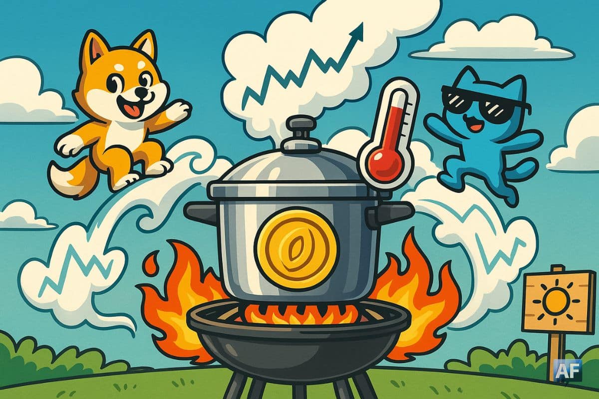 Une cocotte-minute « Altcoins » sur un barbecue, un thermomètre « BTC 113k » maintient le couvercle. Deux mascottes mèmes, stylisées, surfent sur une vapeur-vague.