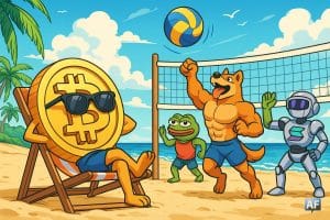 Une plage ensoleillée dessinée façon manga, avec un Bitcoin géant qui fait la sieste sur un transat tandis que des altcoins anthropomorphes – un chien musclé Maxidoge, un robot Solana, une grenouille Pepe – jouent au beach-volley.