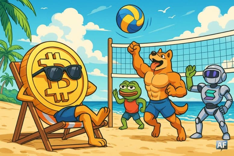 Une plage ensoleillée dessinée façon manga, avec un Bitcoin géant qui fait la sieste sur un transat tandis que des altcoins anthropomorphes – un chien musclé Maxidoge, un robot Solana, une grenouille Pepe – jouent au beach-volley.
