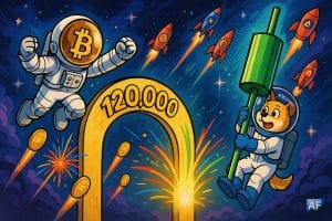 Un Bitcoin-astronaute approche une barre des 120 000 $ façon arche lumineuse. Autour, des fusées-altcoins décollent et un chien cosmonaute “Maxidoge” agrippe une bougie verte géante comme une échelle.