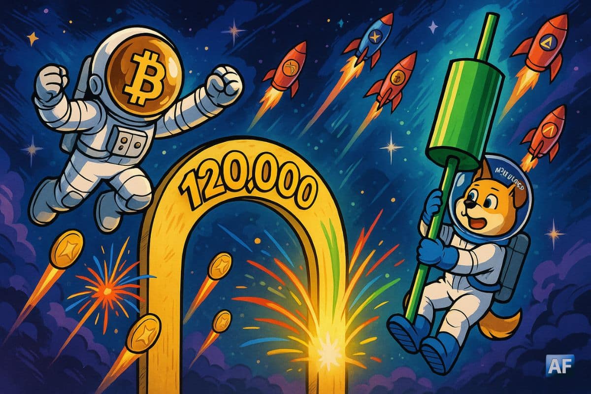 Un Bitcoin-astronaute approche une barre des 120 000 $ façon arche lumineuse. Autour, des fusées-altcoins décollent et un chien cosmonaute “Maxidoge” agrippe une bougie verte géante comme une échelle.