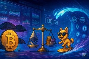 Salle de marché crypto avec écrans et compte à rebours ; Bitcoin protégé par des parapluies/puts, balance avec logo Ethereum, vague « altseason » (SOL, XRP, AVAX, LINK, DOGE) et shiba Maxidoge surfant sur un jeton.