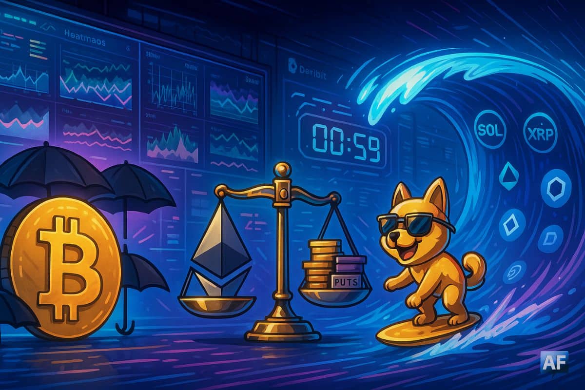 Salle de marché crypto avec écrans et compte à rebours ; Bitcoin protégé par des parapluies/puts, balance avec logo Ethereum, vague « altseason » (SOL, XRP, AVAX, LINK, DOGE) et shiba Maxidoge surfant sur un jeton.