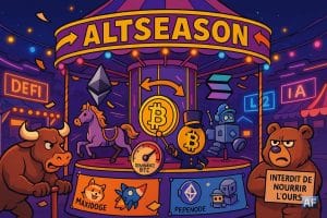 Un manège “ALTSEASON” en style BD/manga, où BTC, ETH et SOL tournent entre stands DeFi/L2/IA, tandis qu’un taureau actionne la manivelle et qu’un ours grognon brandit “Interdit de nourrir l’ours”, avec bannières Maxidoge et Pepenode.