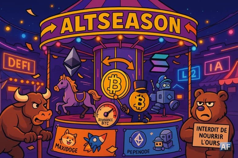 Un manège “ALTSEASON” en style BD/manga, où BTC, ETH et SOL tournent entre stands DeFi/L2/IA, tandis qu’un taureau actionne la manivelle et qu’un ours grognon brandit “Interdit de nourrir l’ours”, avec bannières Maxidoge et Pepenode.