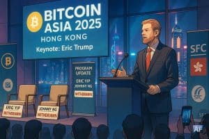 Eric Trump au pupitre lors de « Bitcoin Asia 2025 – Hong Kong » ; deux fauteuils vides étiquetés « Eric Yip » et « Johnny Ng – Withdrawn », skyline nocturne et bannières ₿ et SFC en arrière-plan.