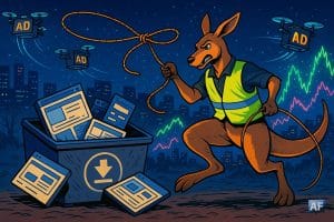 Un kangourou-agent en gilet “ASIC” fait tomber des panneaux-sites factices dans une benne. Des bandeaux pub louches flottent comme des drones, qu’il file au lasso.