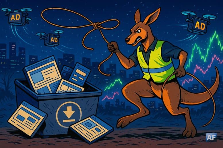 Un kangourou-agent en gilet “ASIC” fait tomber des panneaux-sites factices dans une benne. Des bandeaux pub louches flottent comme des drones, qu’il file au lasso.