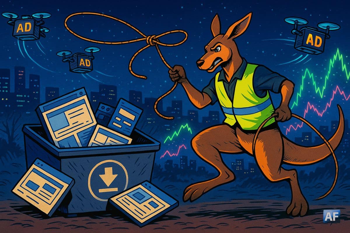 Un kangourou-agent en gilet “ASIC” fait tomber des panneaux-sites factices dans une benne. Des bandeaux pub louches flottent comme des drones, qu’il file au lasso.