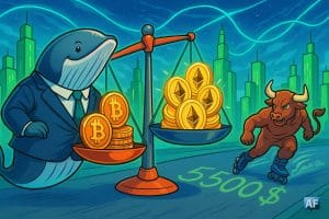 Une baleine en costume troque des pièces BTC contre des éthers lumineux sur une balance géante. À l’arrière-plan, un taureau trace “5 500 $” en dérapage contrôlé.