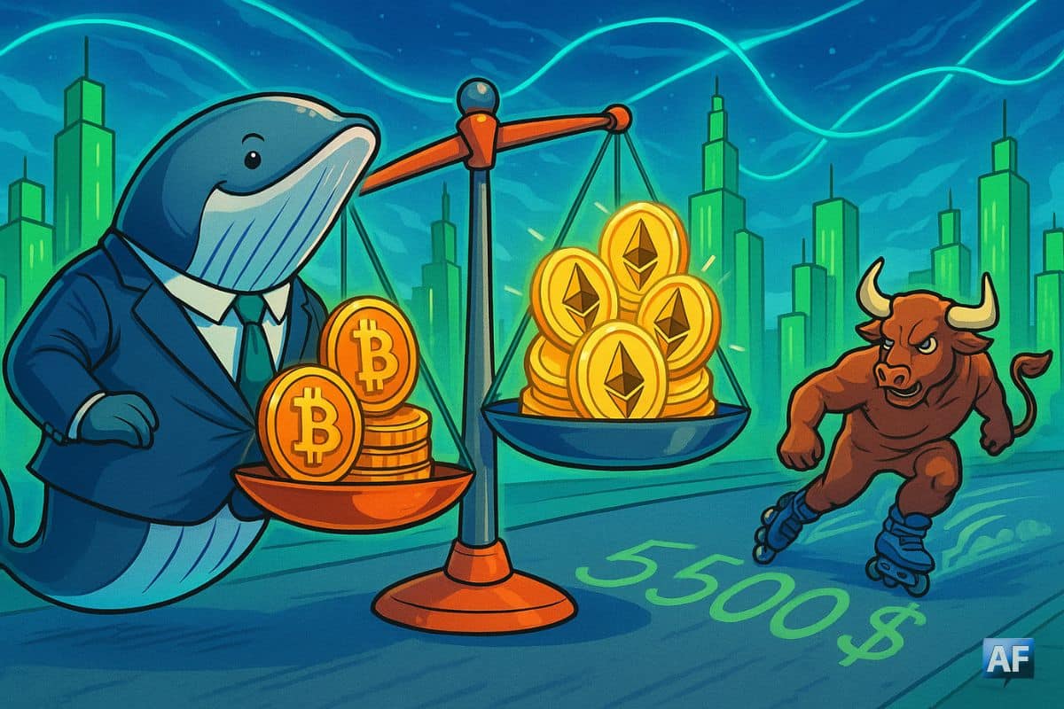 Une baleine en costume troque des pièces BTC contre des éthers lumineux sur une balance géante. À l’arrière-plan, un taureau trace “5 500 $” en dérapage contrôlé.