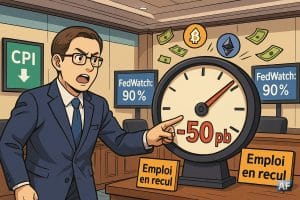 Dans une salle de banque centrale générique, un responsable du Trésor en costume bleu pointe un grand cadran « −50 pb », entouré d’écrans « CPI ↓ », « FedWatch : 90 % », « Emploi en recul », avec icônes BTC/ETH et billets flottants (palette bleu-vert-orange).
