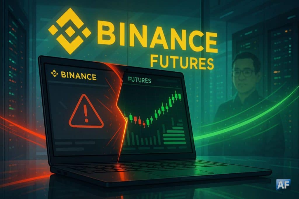 Illustration paysage d’un laptop affichant l’interface Binance scindée entre alerte de panne et reprise haussière, dans une salle serveurs au logo Binance lumineux et flux rouge-vers-vert.