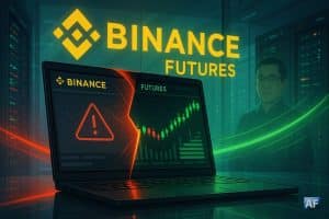 Illustration paysage d’un laptop affichant l’interface Binance scindée entre alerte de panne et reprise haussière, dans une salle serveurs au logo Binance lumineux et flux rouge-vers-vert.