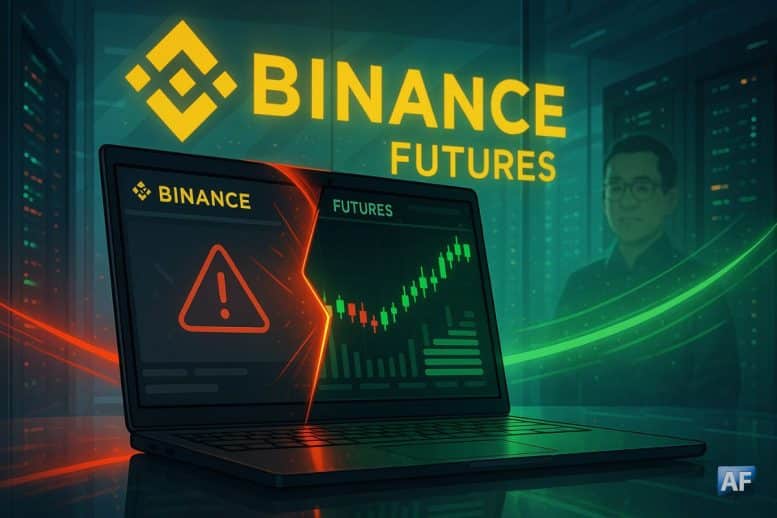Illustration paysage d’un laptop affichant l’interface Binance scindée entre alerte de panne et reprise haussière, dans une salle serveurs au logo Binance lumineux et flux rouge-vers-vert.