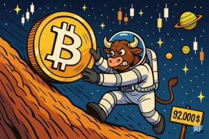 Un taureau en costume d’astronaute tente de retenir un énorme Bitcoin qui dévale une pente escarpée vers un panneau “92 000 $”. Les étoiles et planètes forment des bougies japonaises dans le ciel.