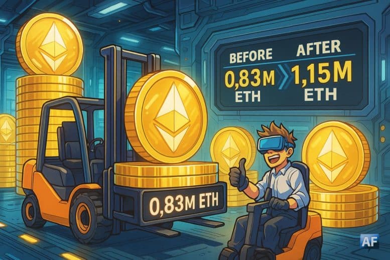 Une salle des coffres futuriste pleine de pièces ETH lumineuses dans laquelle un chariot élévateur empile des logos Ethereum géants comme des lingots, tandis qu'un compteur numérique grimpe de 0,83 M à 1,15 M ETH