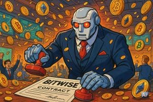 Dans une salle des marchés futuriste où des pièces d’Ethereum et de Bitcoin virevoltent comme des confettis, un gigantesque robot-banquier en costume trois pièces tamponne un contrat estampillé Bitwise.