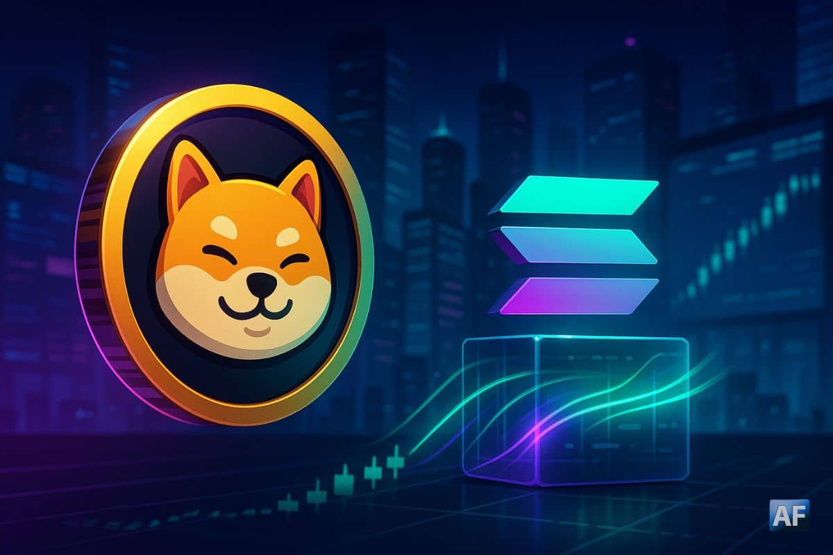 Une pièce BONK en 3D et le logo Solana posés sur un nœud lumineux, traversés de flux néon symbolisant des capitaux entrants, devant une ville nocturne et des chandelles haussières.