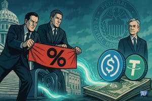 Devant le Capitole, deux lobbyistes en costume tendant un ruban rouge avec un symbole « % » barré pour bloquer un flux sortant d’un coffre-fort vers des jetons USDC et USDT posés sur des T-Bills, tandis que Jerome Powell observe au second plan avec le sceau de la Réserve fédérale en filigrane.