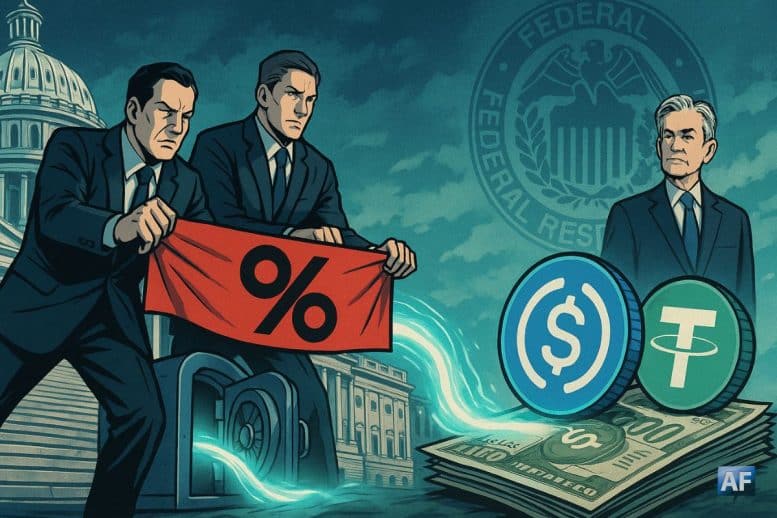 Devant le Capitole, deux lobbyistes en costume tendant un ruban rouge avec un symbole « % » barré pour bloquer un flux sortant d’un coffre-fort vers des jetons USDC et USDT posés sur des T-Bills, tandis que Jerome Powell observe au second plan avec le sceau de la Réserve fédérale en filigrane.