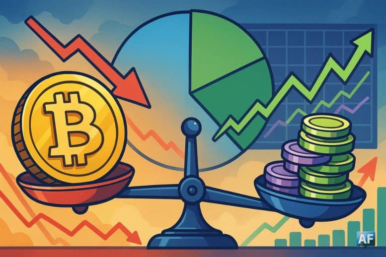 Scène allégorique sans personnages : une balance inclinée avec une grande pièce dorée au symbole B stylisé générique qui descend, et une pile de pièces “altcoins” génériques qui monte.