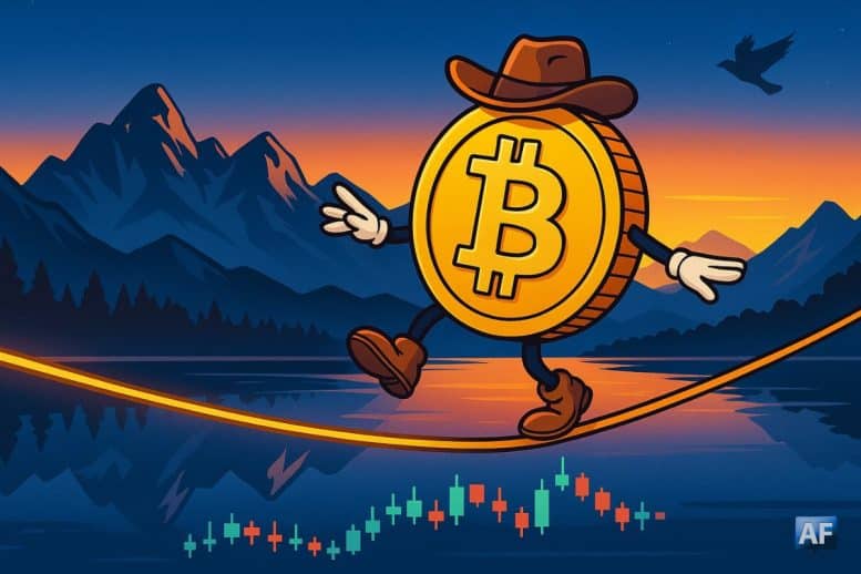 Pièce Bitcoin BD/manga portant un chapeau de cowboy, en équilibre sur une corde lumineuse au-dessus d’un lac, montagnes des Tetons à l’aube, chandeliers boursiers en bas.