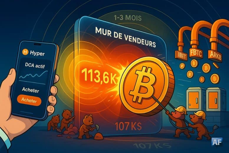 Illustration paysage d’un Bitcoin heurtant un « mur de vendeurs » à 113,6 k$ ; deux taureaux poussent la pièce, des oursons bâtissent le mur.