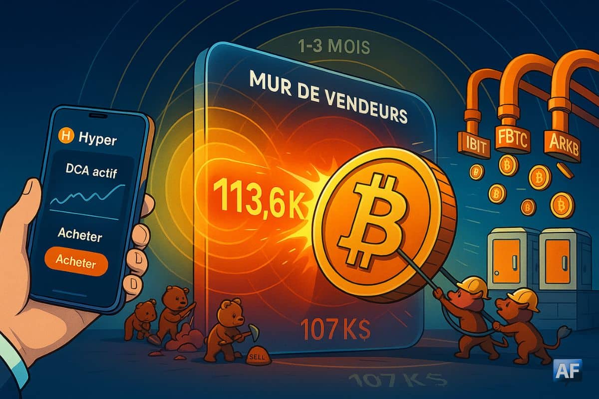 Illustration paysage d’un Bitcoin heurtant un « mur de vendeurs » à 113,6 k$ ; deux taureaux poussent la pièce, des oursons bâtissent le mur.