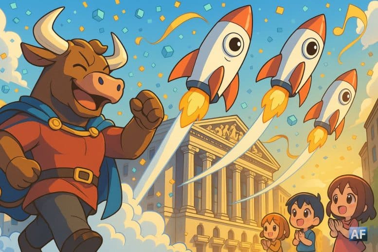 Un taureau en cosplay mène une parade de fusées-IPO qui décollent devant une bourse néoclassique stylisée. Confettis-blockchain, banderoles en courbes haussières.