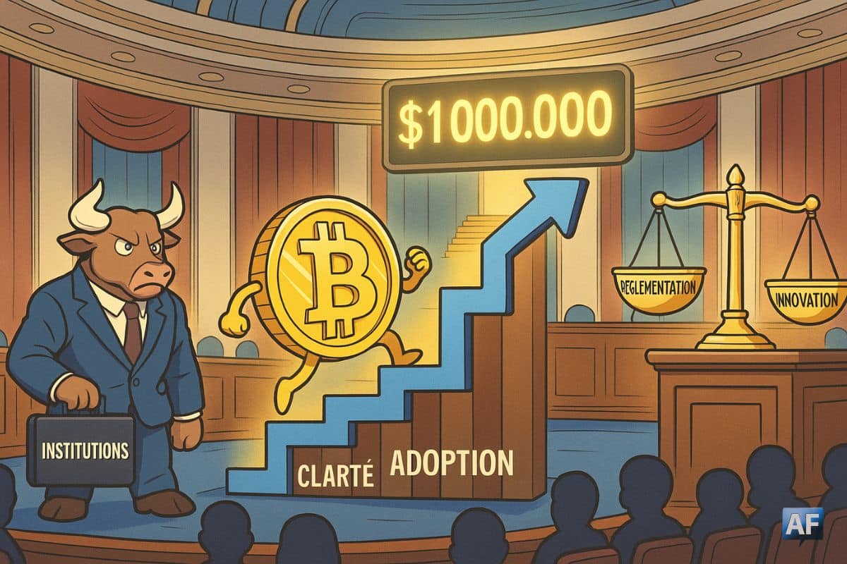 Dans une salle d’audition du Congrès stylisée, un Bitcoin géant grimpe un escalier en forme de graphique, avec à gauche un taureau sérieux portant une mallette “Institutions”, et à droite, une balance de justice pesant “Réglementation” vs “Innovation”.