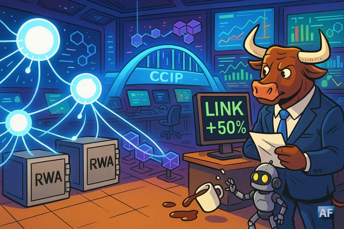 Salle des marchés futuriste où des oracles en forme de nœuds lumineux tirent des fils entre des coffres “RWA”, un pont CCIP scintillant relie plusieurs blockchains, et un taureau en costume consulte un ticker “LINK +50%”