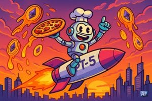 Robot pizzaïolo intergalactique chevauchant une fusée marquée « GPT-5 », projetant des pièces d’Ethereum en fusion au-dessus d’une skyline futuriste baignée d’un coucher de soleil orange et violet