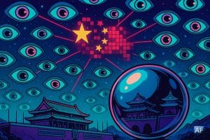 Une foule d’yeux stylisés flotte dans le ciel, chacun relié par des lasers rouges formant un drapeau chinois pixelisé ; au premier plan, une sphère métallique façon “orbe” reflète la Cité interdite.