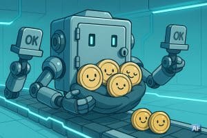 Un mécha-coffre-fort façon robot berce des bébés-stablecoins (pièces souriantes) sur un tapis roulant-blockchain. Bras articulés tamponnent “OK” façon tampon cartoon.