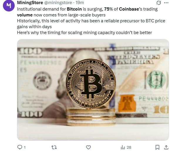 Les institutionnels raflent 75 % du volume Bitcoin sur Coinbase, la prochaine vague est-elle proche ?