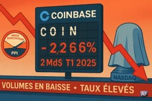 Salle de marché stylisée, sans personnages, avec au centre, un panneau split-flap boursier : logo Coinbase + ticker COIN ; les lamelles passent au rouge et affichent « -2,26 % » et « 2 Md$ T1 2025 ».
