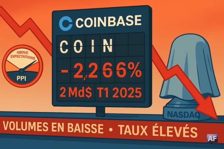 Salle de marché stylisée, sans personnages, avec au centre, un panneau split-flap boursier : logo Coinbase + ticker COIN ; les lamelles passent au rouge et affichent « -2,26 % » et « 2 Md$ T1 2025 ».