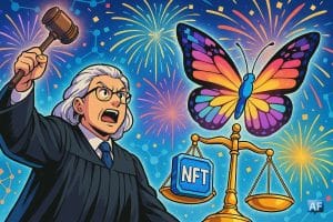 Un juge en toge brandit son marteau tandis qu’un NFT pixelisé se métamorphose en papillon géant s’envolant depuis la balance de justice, sous des feux d’artifice blockchain.