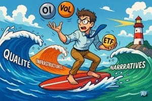 Une mer avec trois courants colorés « Qualité », « Infrastructures », « Narratives ». Un surfeur-analyste jongle avec des bouées « OI », « Vol », « ETF ». Au loin, un phare « gestion du risque ».