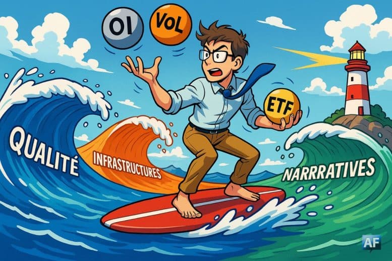 Une mer avec trois courants colorés « Qualité », « Infrastructures », « Narratives ». Un surfeur-analyste jongle avec des bouées « OI », « Vol », « ETF ». Au loin, un phare « gestion du risque ».