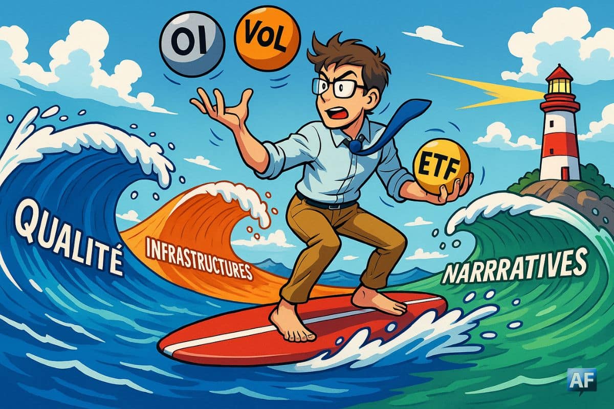 Une mer avec trois courants colorés « Qualité », « Infrastructures », « Narratives ». Un surfeur-analyste jongle avec des bouées « OI », « Vol », « ETF ». Au loin, un phare « gestion du risque ».