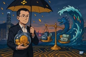 Illustration manga en paysage : CZ, sous un parapluie Binance, protège une tirelire Bitcoin tandis qu’une balance oppose RWA et T-Bills face à une vague-dragon de chandeliers, skyline de Hong Kong.